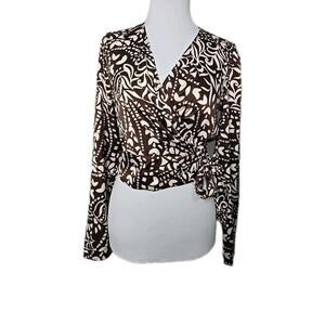 JOIE Brown Beige Paisley Satin Faux-Wrap Crop Top Small Petite SP Long Sleeve